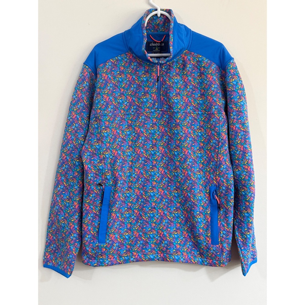 NWT Chubbies Spade Quilted Quarter-Zip Pullover Floral Blue Mens L Coastal Beach